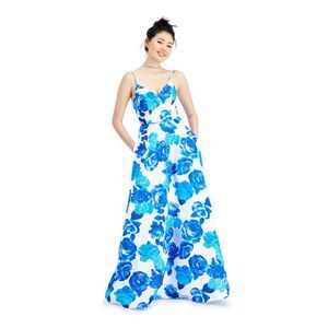 CITY STUDIO Womens Blue Tie V Neck Full-Length Prom Fit + Flare Dress 5